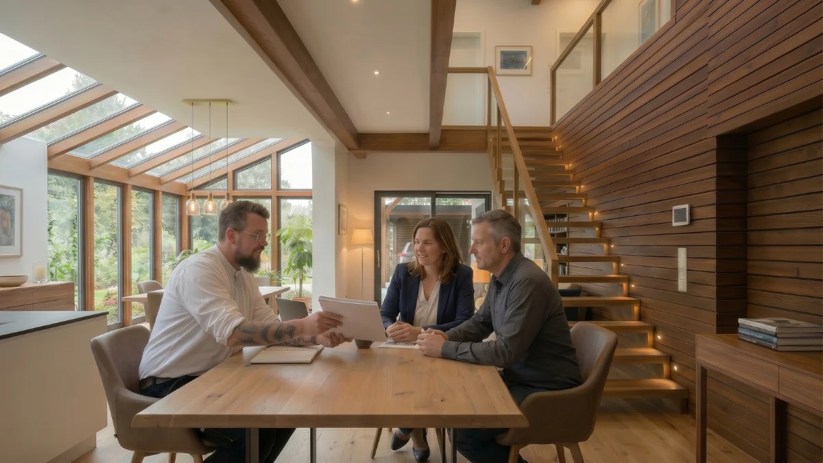 KI-generiertes Bild - Modernes Wohnhaus mit offener Holztreppe und stilvoller Inneneinrichtung präsentiert inspirierende Ideen mit Holz für modernes Wohnen